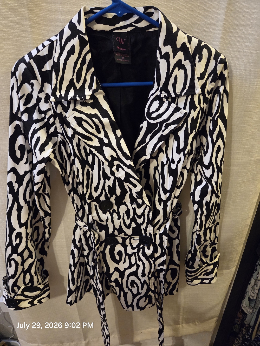 Wrapper Black & White Print Belted Trench Coat